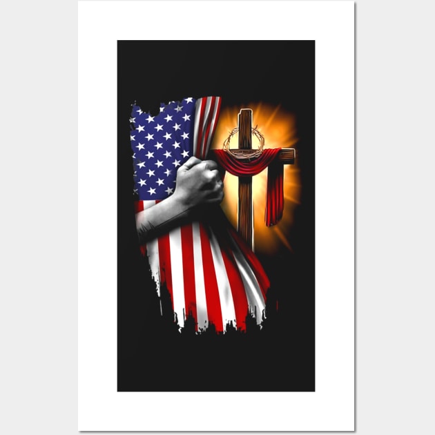 American Flag Cross Jesus Hand Pride Christian Nurse Heartbeat Wall Art by ANGELA2-BRYANT